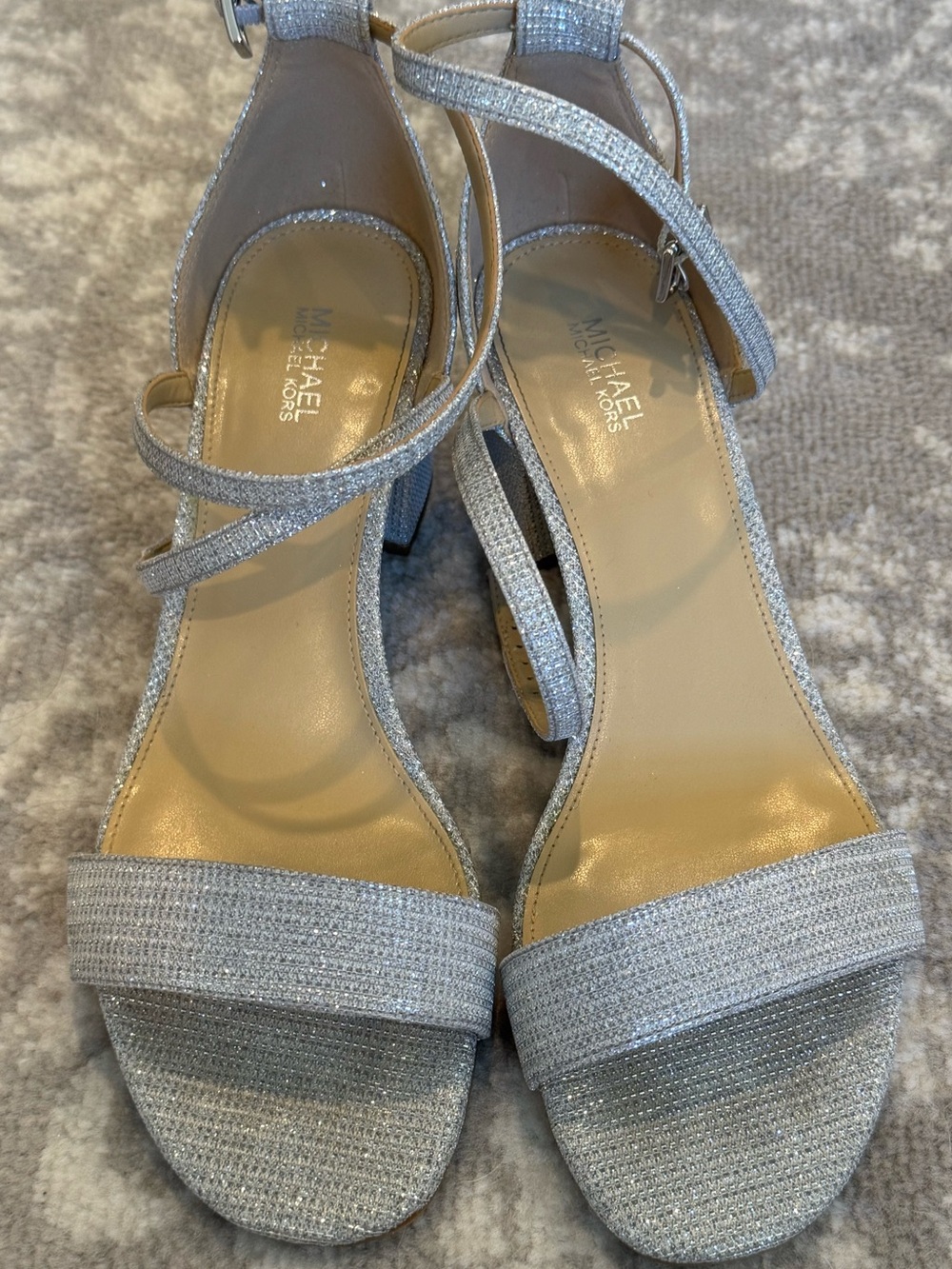 Michael Kors Serena Flex Ankle Strap Dress Sandals Women 8.5M Block Heel Silver